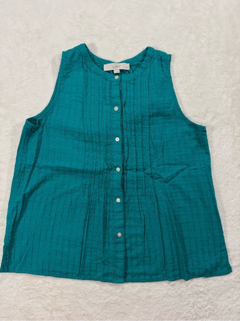 LOFT Petites Teal Textured Cotton Button Front Tank Blouse SP